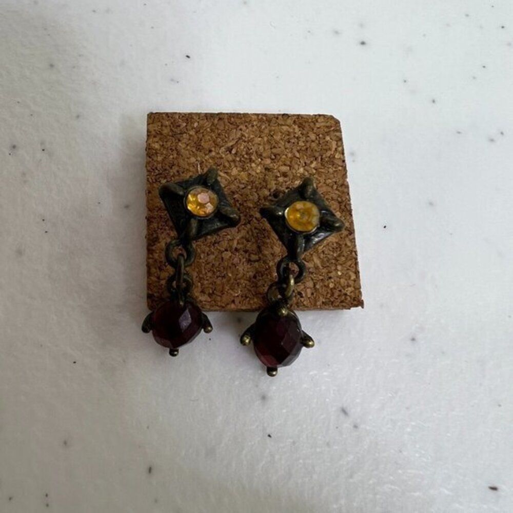 Rhinestone Earrings Yellow Red Dangle Victorian Style Charm Gold‎ Tone